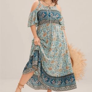 BloomChic Blue Turquoise Floral Cold Shoulder Midi Dress Size 22/24 Brand New